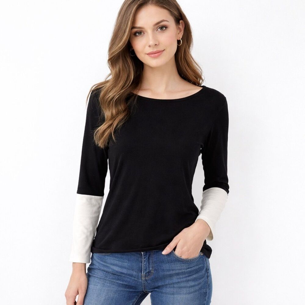 New York & Company Womens Black White Colorblock Sweater Medium Layered Cuff NEW